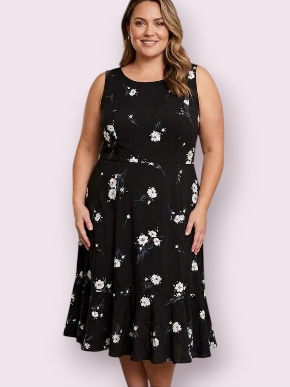 Torrid Sleeveless Black Floral Premium Ponte Flounce Dress Black & White Size 5X